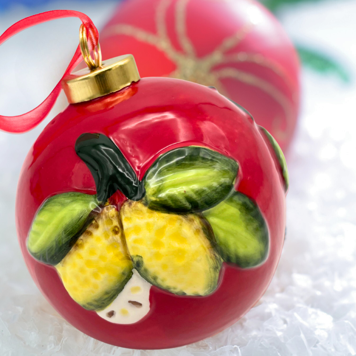 Pallina di Natale in Ceramica Rossa con Limoni 3D - 8,5 cm - SF140