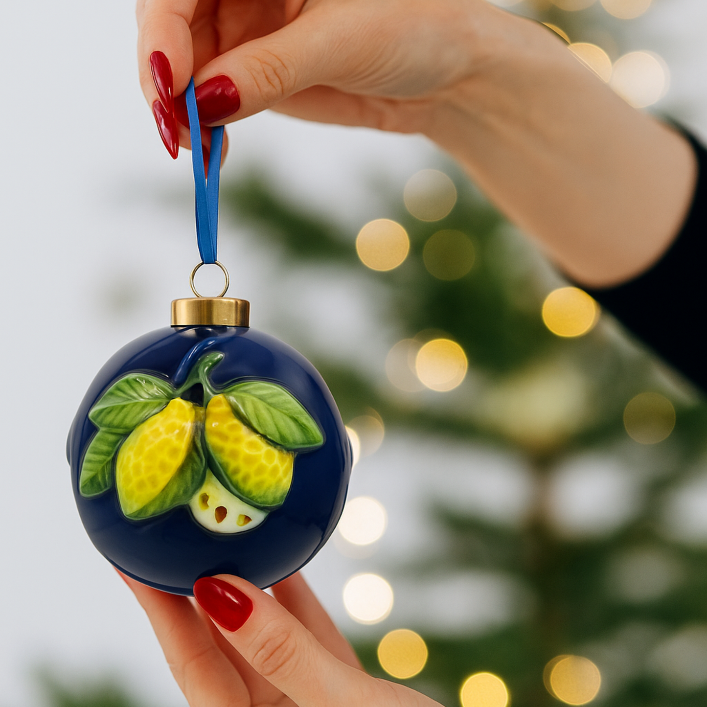 Pallina di Natale in Ceramica Blu con Limoni 3D - 8,5 cm - SF140