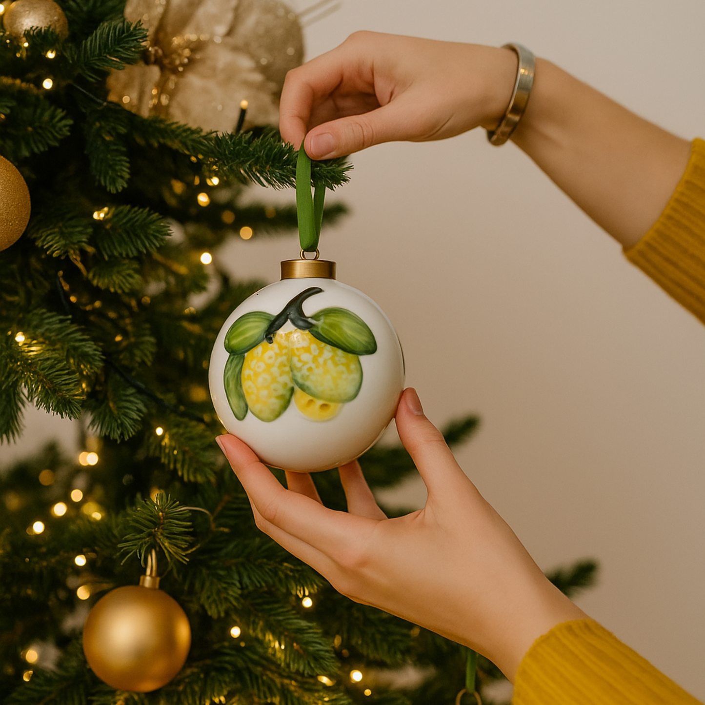 Pallina di Natale in Ceramica Bianca con Limoni 3D - 8,5 cm e 6cm - SF140