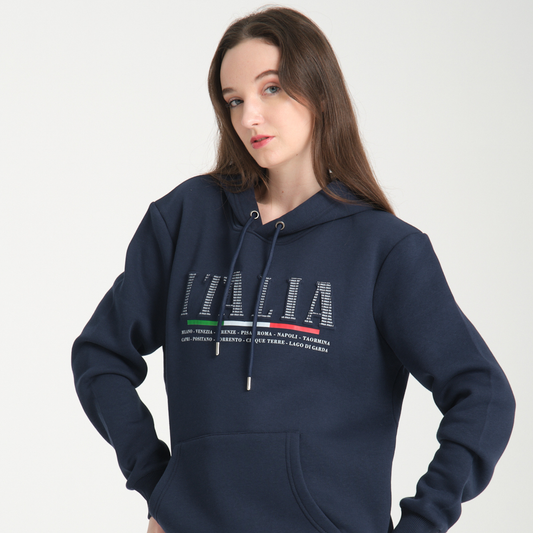 Felpa con Cappuccio Hoodie Italia Blu Navy - Interno Felpato - Felpa 20 Donna