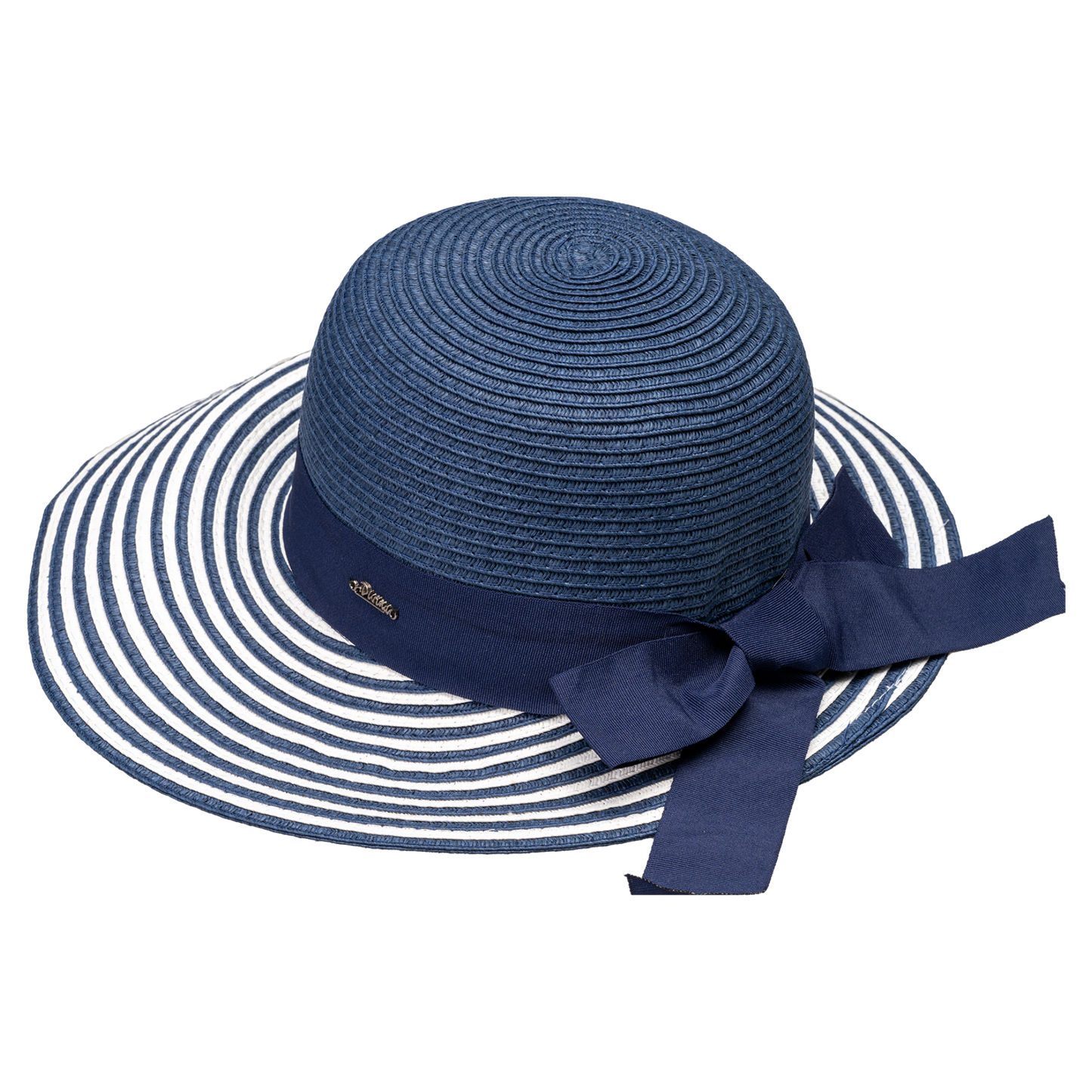 Cappello a Tesa Larga Rigato Blu Navy con Fiocco