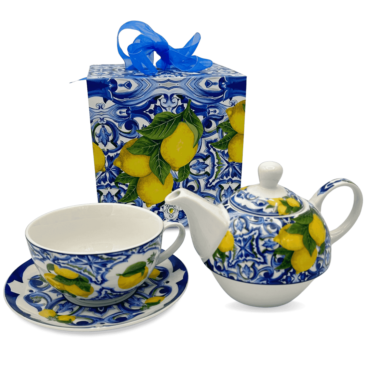 Luxury Ceramic Box Blue Tea - Teapot + Cup with Saucer