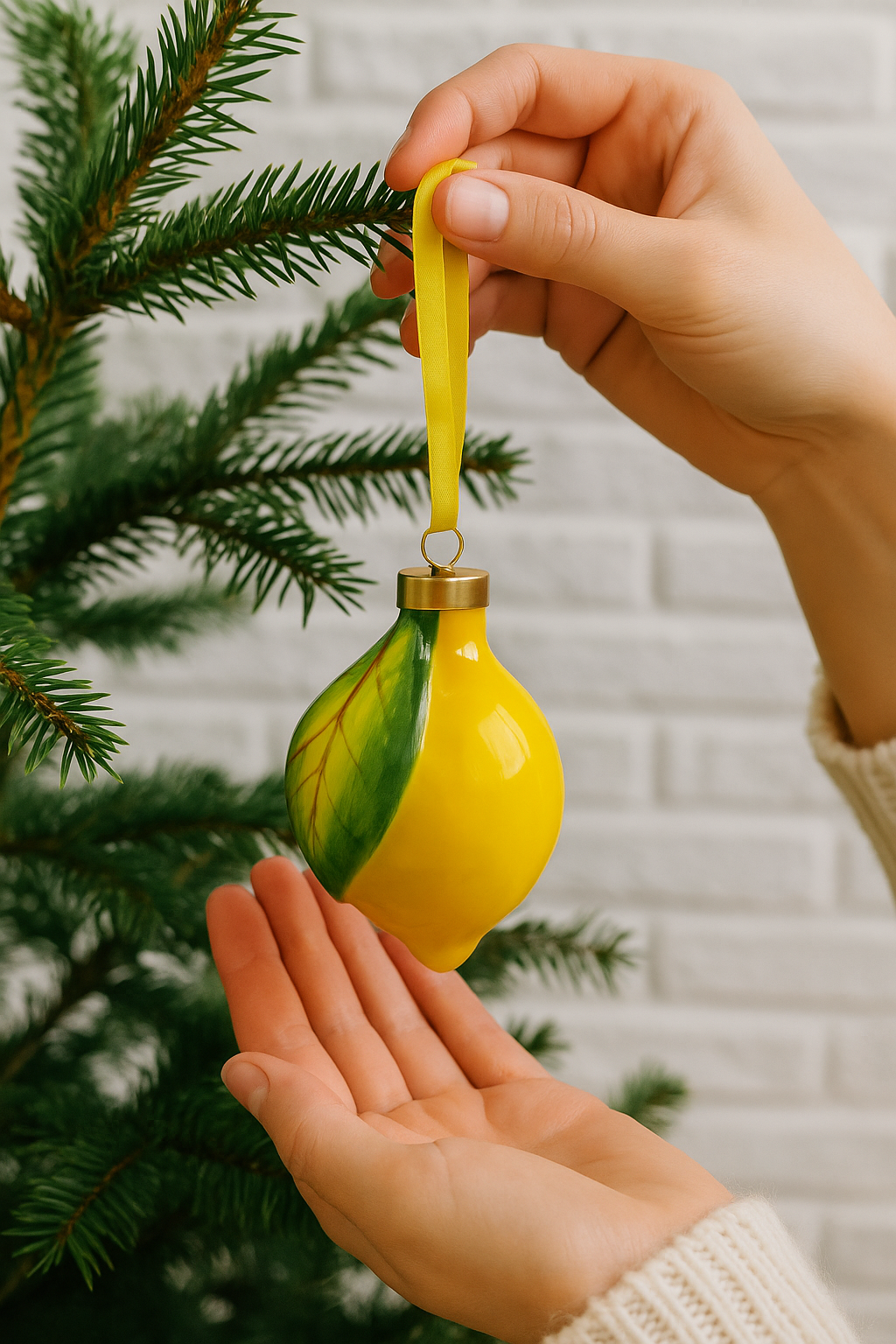 Pallina di Natale in Ceramica a Forma di Limone Piccola - 6 x 8,5 cm - SF25