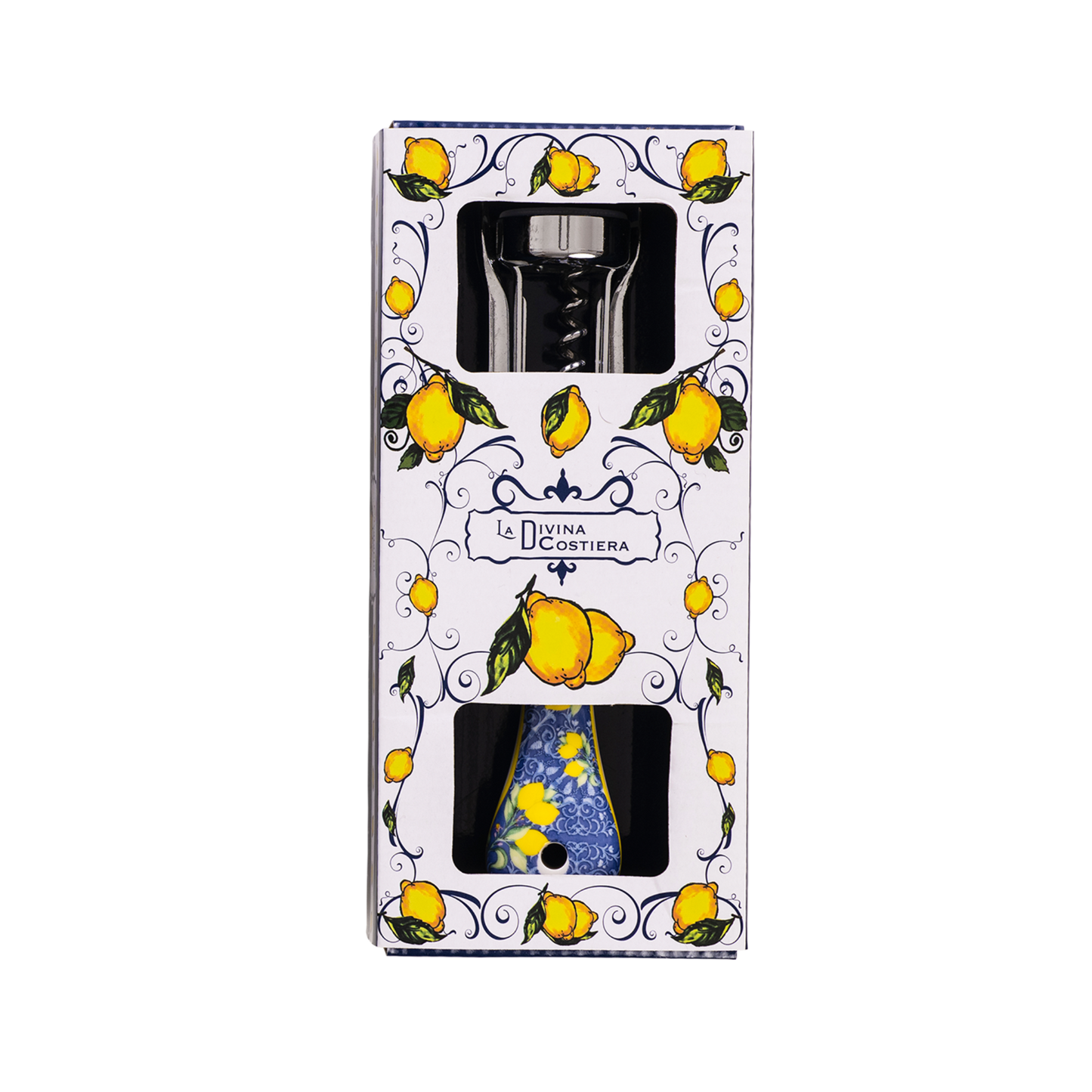 Cavatappi a Leva in Acciaio con Manico in Ceramica – Decoro Limoni Blu (con Scatola Regalo) - SF206