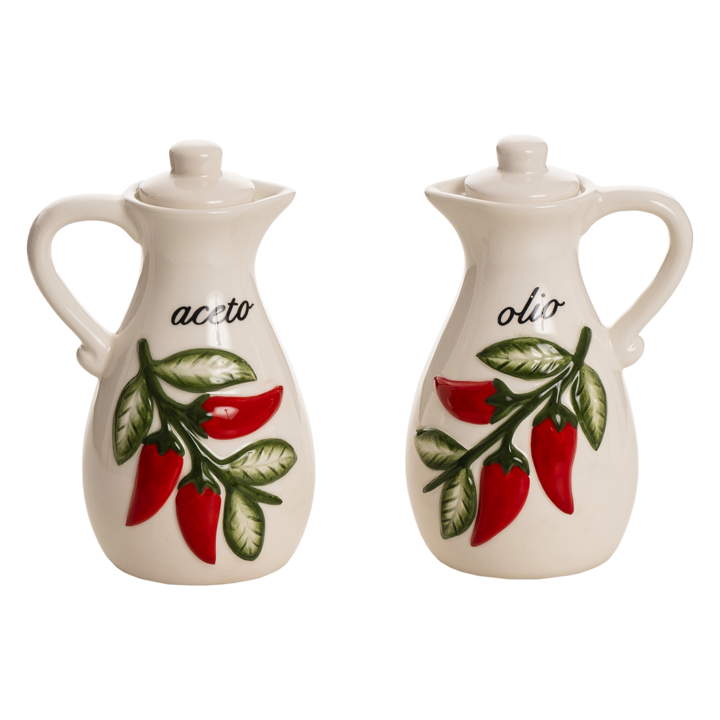Set Oliera e Acetiera 2 Pezzi in Ceramica – Decoro Peperoncini (Olio + Aceto) - SF219