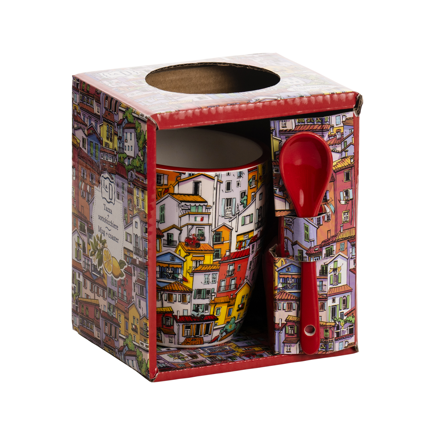 Tazza in Ceramica Tiny Houses con Sottobicchiere e Cucchiaio - Decorazione Casette Colorate - SF220