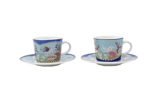 Tazzine da Caffè con Piattino, Set da 2 pezzi, Design Marino, Confezione Regalo con Manico Effetto Bamboo - SF233