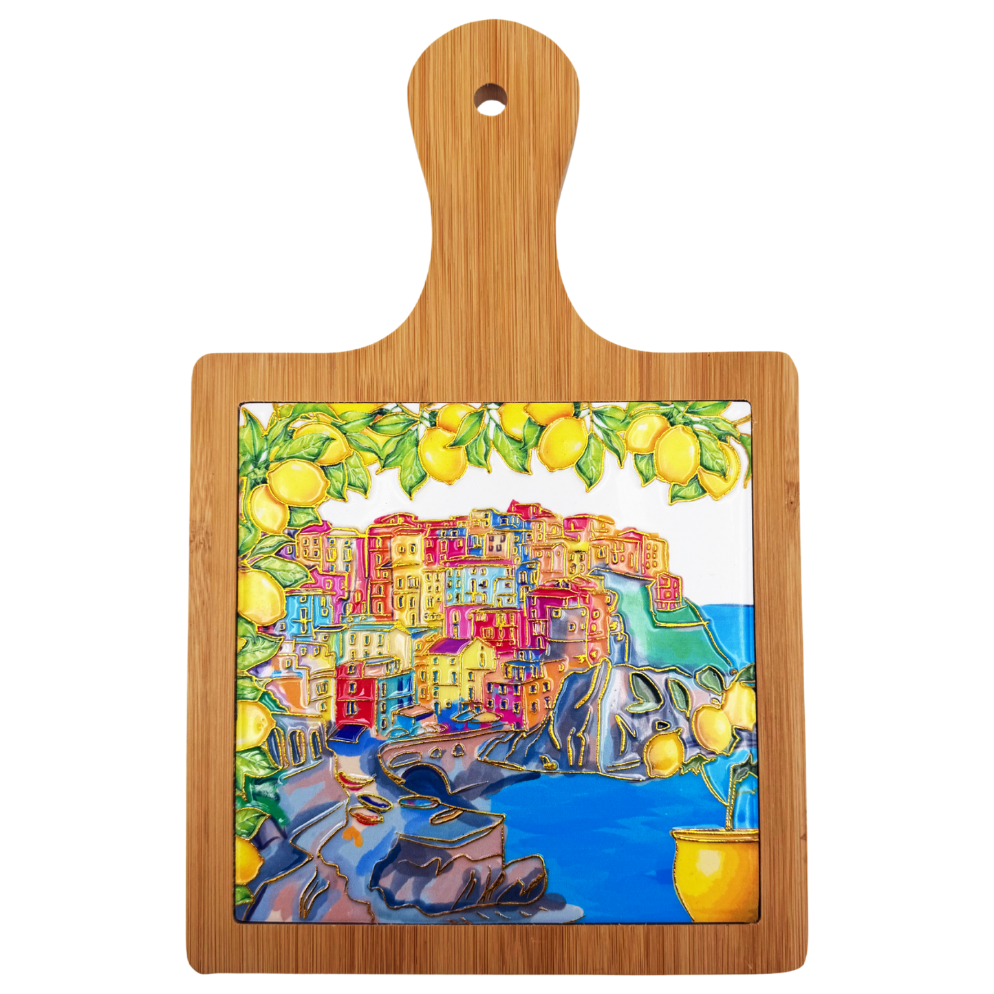 Sottopentola decorativo in ceramica e bambù con paesaggio Cinque Terre - 19x27 cm - SF280