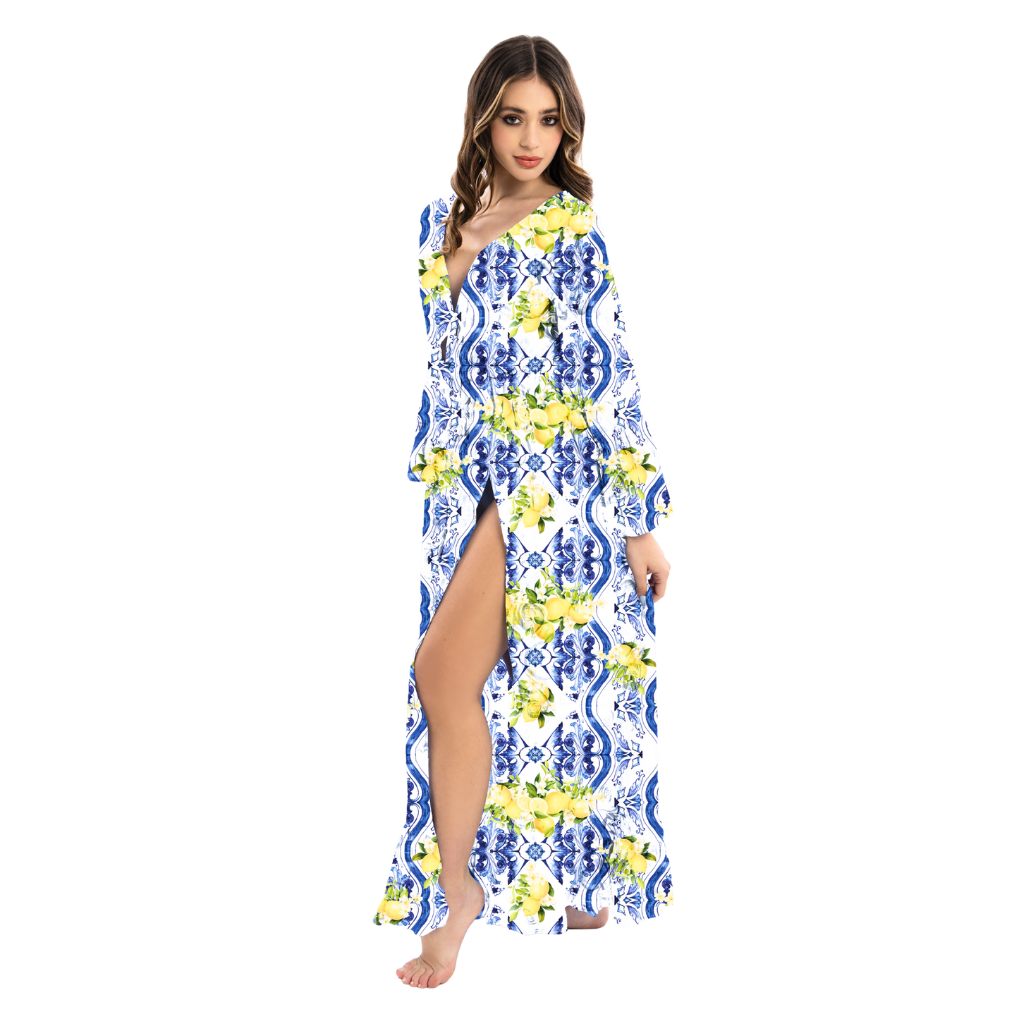 Vestito Donna Long Gown con Spacco Frontale, scollo a v estivo 100% cotone - VEST 165 - LG01