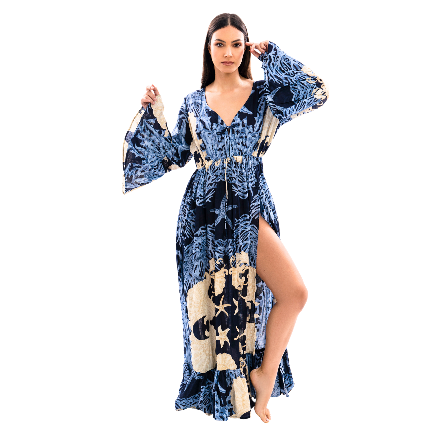 Vestito Donna Long Gown con Spacco Frontale, scollo a v estivo 100% cotone - VEST 165 - LG01