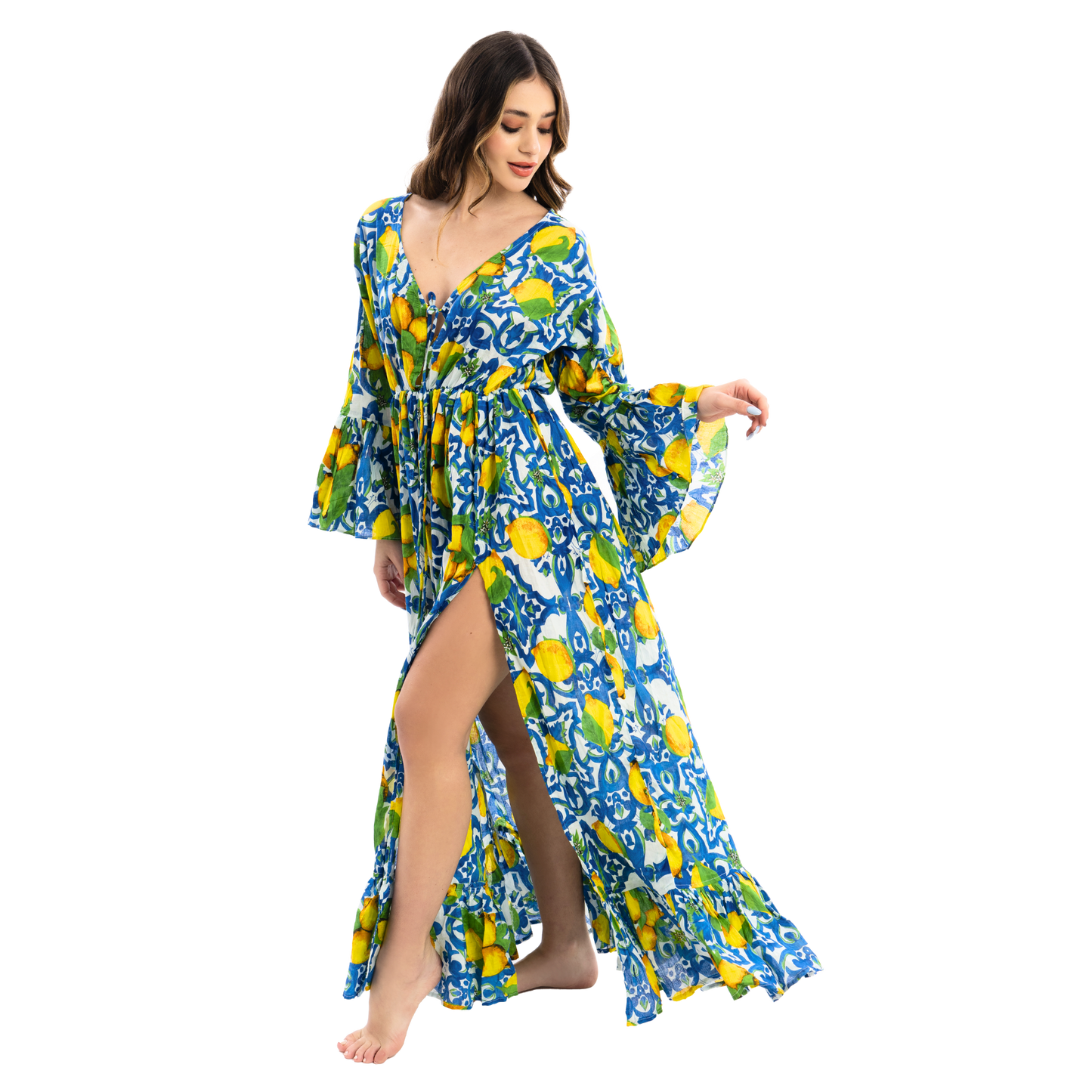 Vestito Donna Long Gown con Spacco Frontale, scollo a v estivo 100% cotone - VEST 165 - LG01