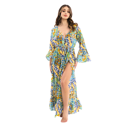 Vestito Donna Long Gown con Spacco Frontale, scollo a v estivo 100% cotone - VEST 165 - LG02