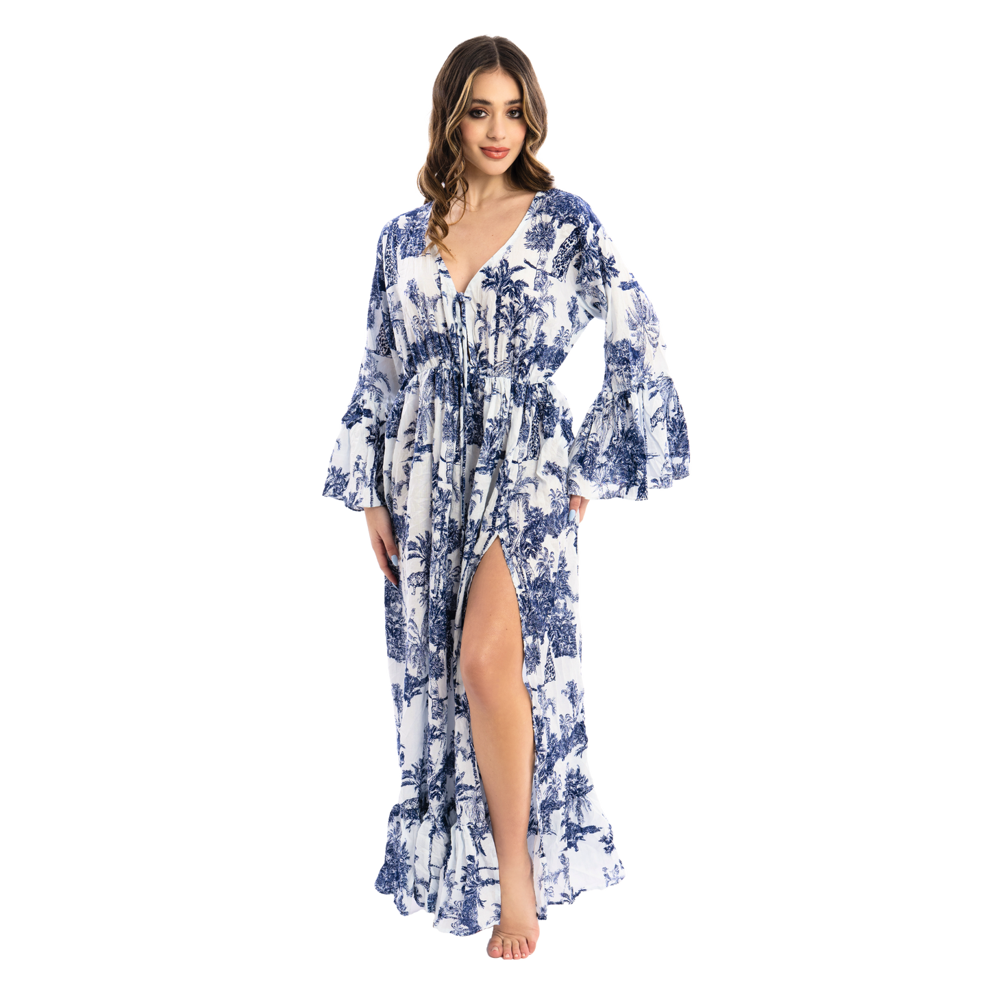 Vestito Donna Long Gown con Spacco Frontale, scollo a v estivo 100% cotone - VEST 165 - LG02