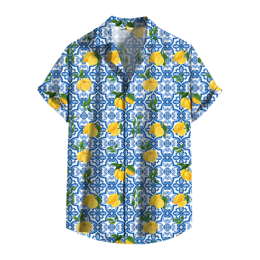 Camicia Uomo Estiva Maniche Corte con Stampa Originale – Look Casual Elegante – Vestibilità Regolare – Perfetta per Vacanze, Mare, Tempo Libero - VEST 168 - LEMON BLUE