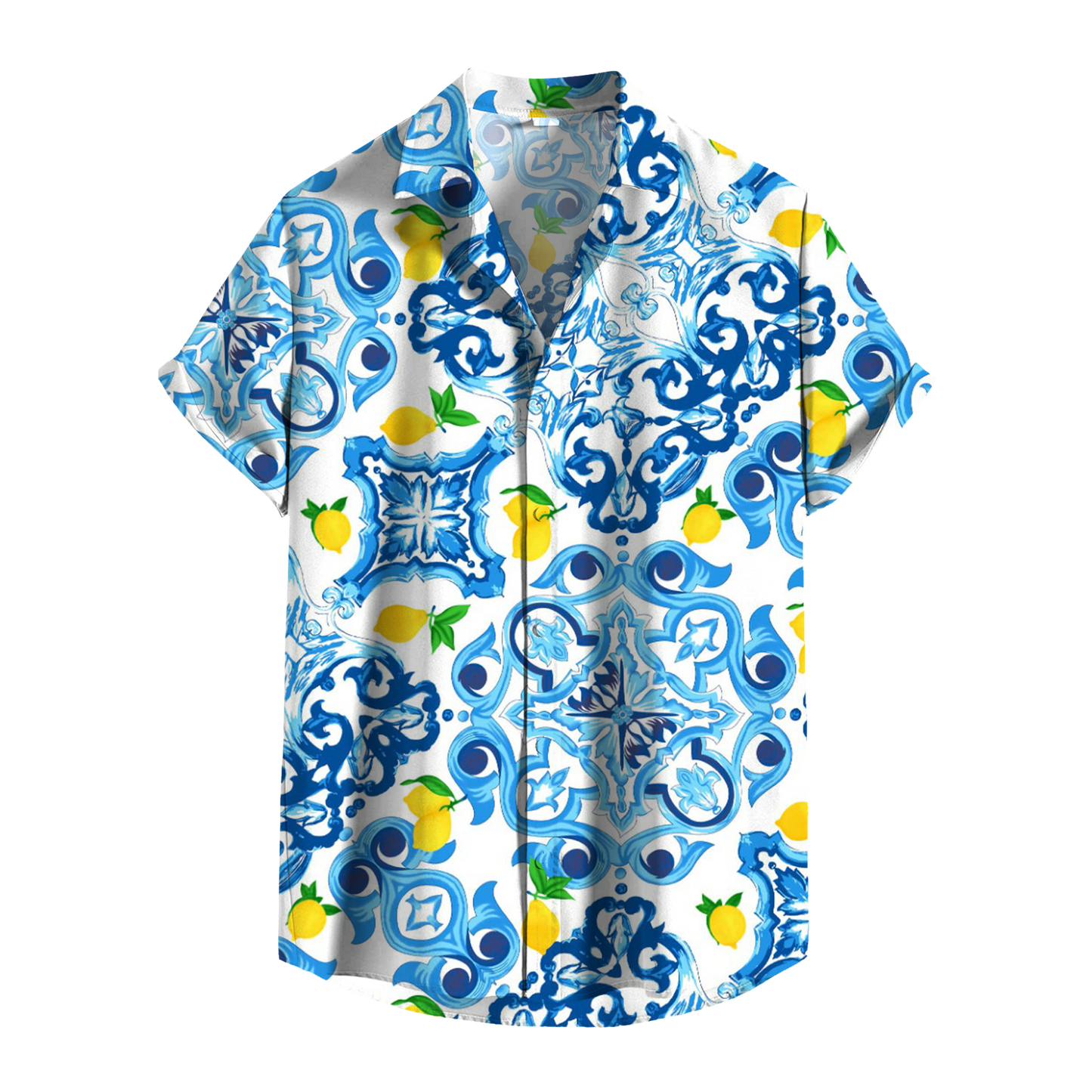 Camicia Uomo Estiva Maniche Corte con Stampa Originale – Look Casual Elegante – Vestibilità Regolare – Perfetta per Vacanze, Mare, Tempo Libero - VEST 168 - MAIOLICA