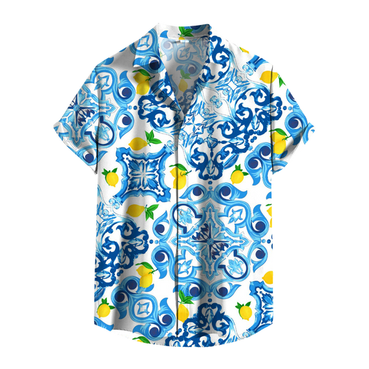 Camicia Uomo Estiva Maniche Corte con Stampa Originale – Look Casual Elegante – Vestibilità Regolare – Perfetta per Vacanze, Mare, Tempo Libero - VEST 168 - MAIOLICA