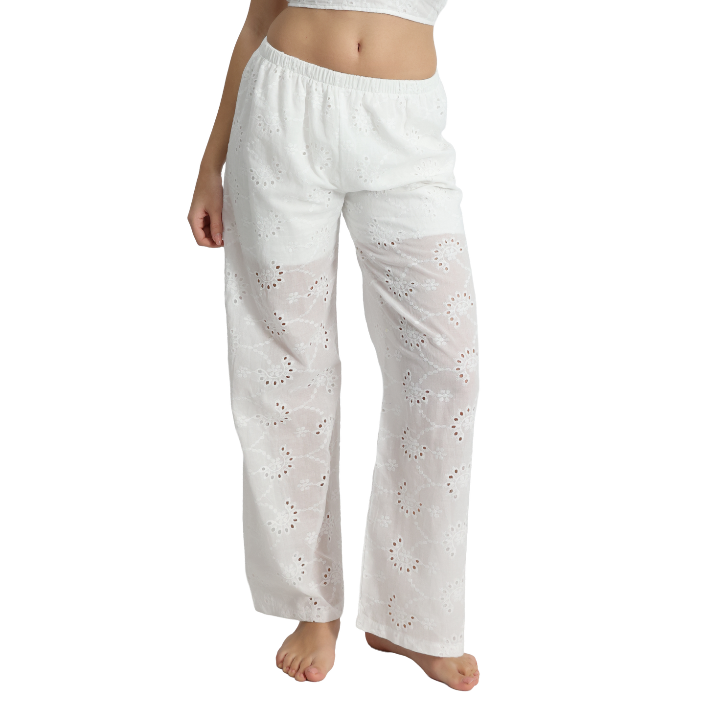 Outfit donna in Pizzo Sangallo top con nodo e pantalone - Pantalone VEST209 + Top VEST200