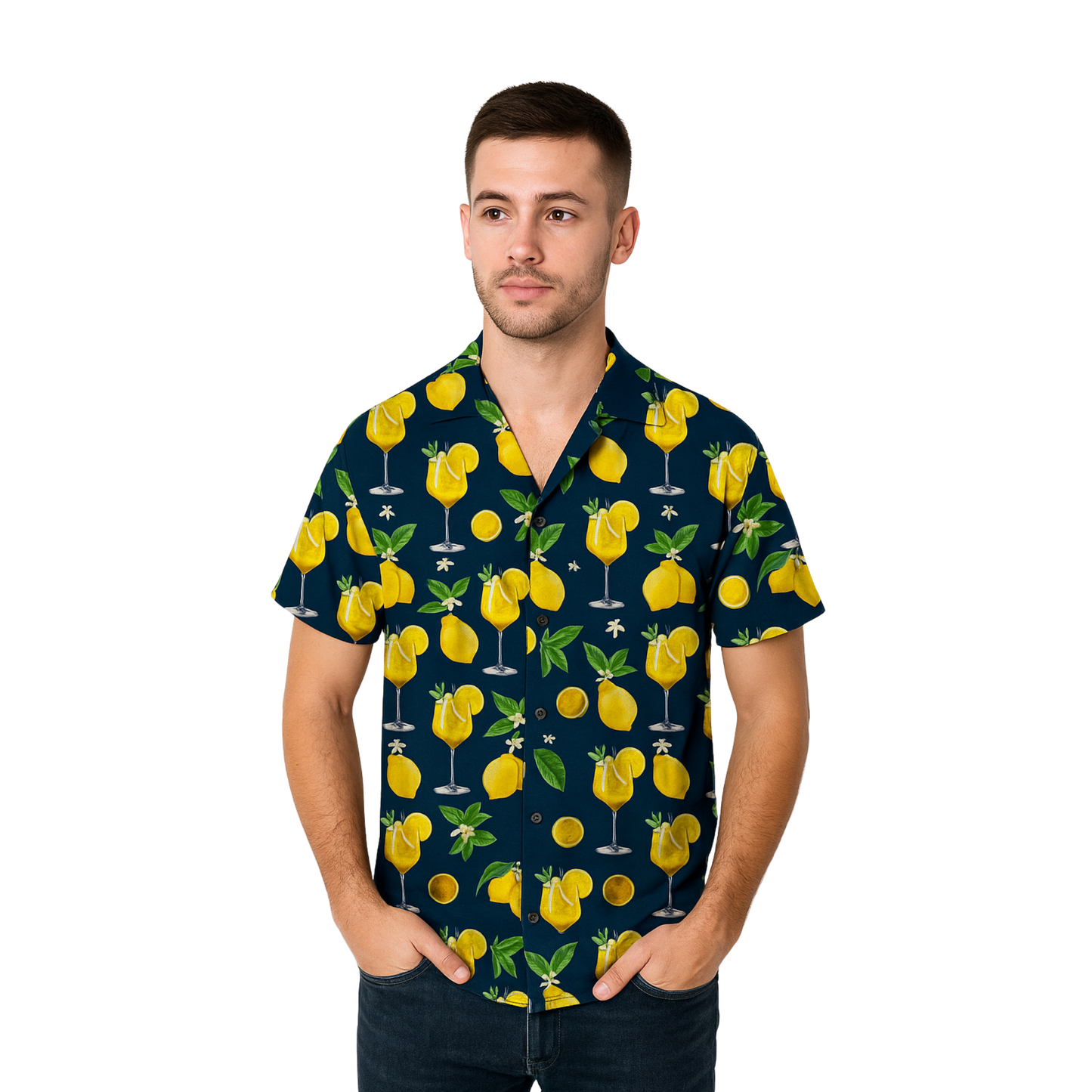 Camicia Uomo Estiva Maniche Corte con Stampa Originale – Look Casual Elegante – Vestibilità Regolare – Perfetta per Vacanze, Mare, Tempo Libero - VEST 168 - LEMON SPRITZ