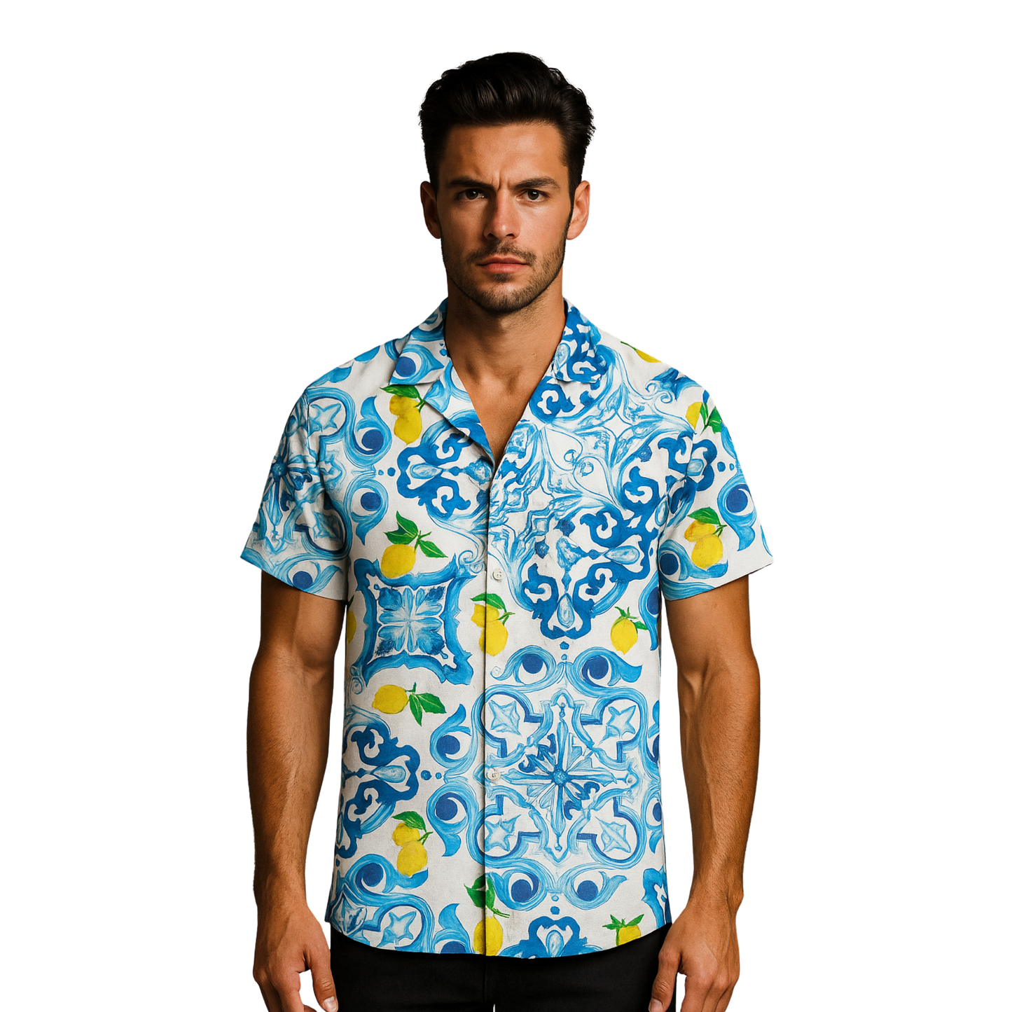 Camicia Uomo Estiva Maniche Corte con Stampa Originale – Look Casual Elegante – Vestibilità Regolare – Perfetta per Vacanze, Mare, Tempo Libero - VEST 168 - MAIOLICA