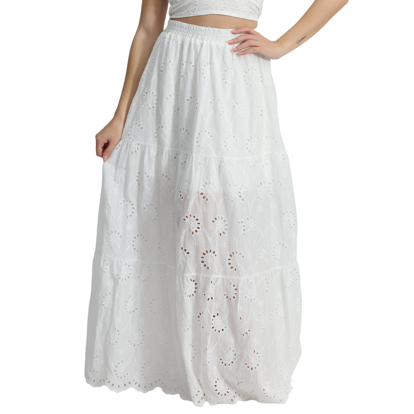 Outfit donna in Pizzo Sangallo top con nodo e gonna con balze - Gonna VEST 199 + Top VEST 200
