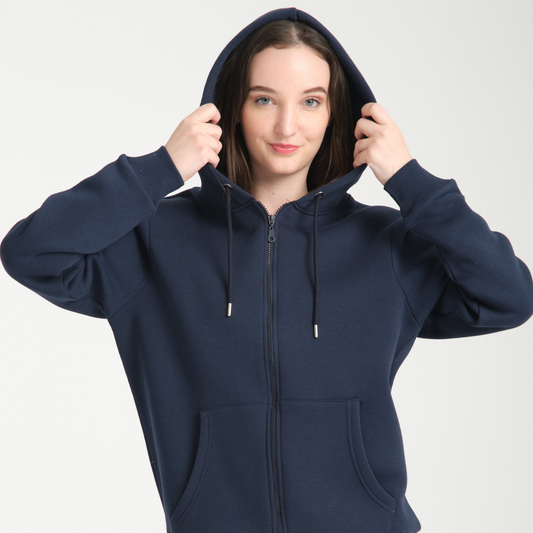 Felpa con Cappuccio e Cerniera Blu Navy - Interno Felpato - Felpa 40 Donna