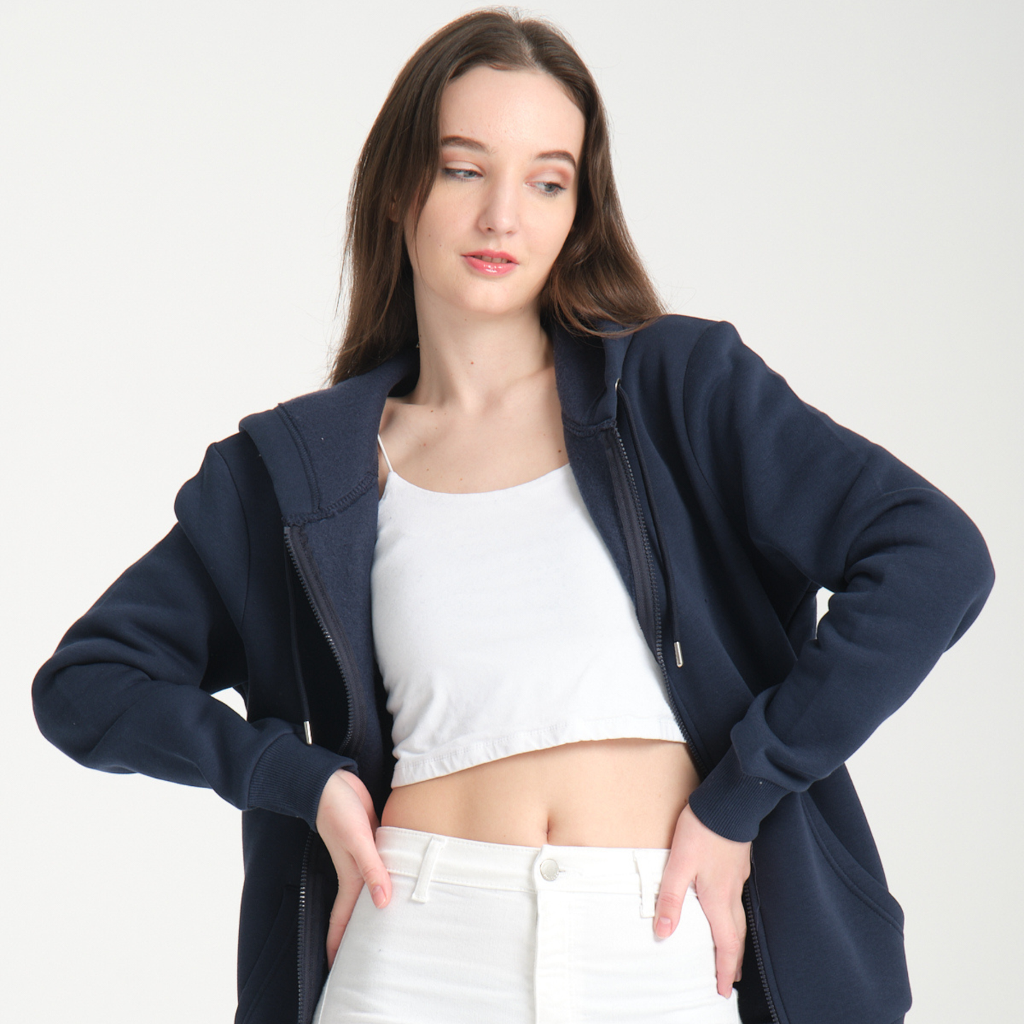 Felpa con Cappuccio e Cerniera Blu Navy - Interno Felpato - Felpa 40 Donna