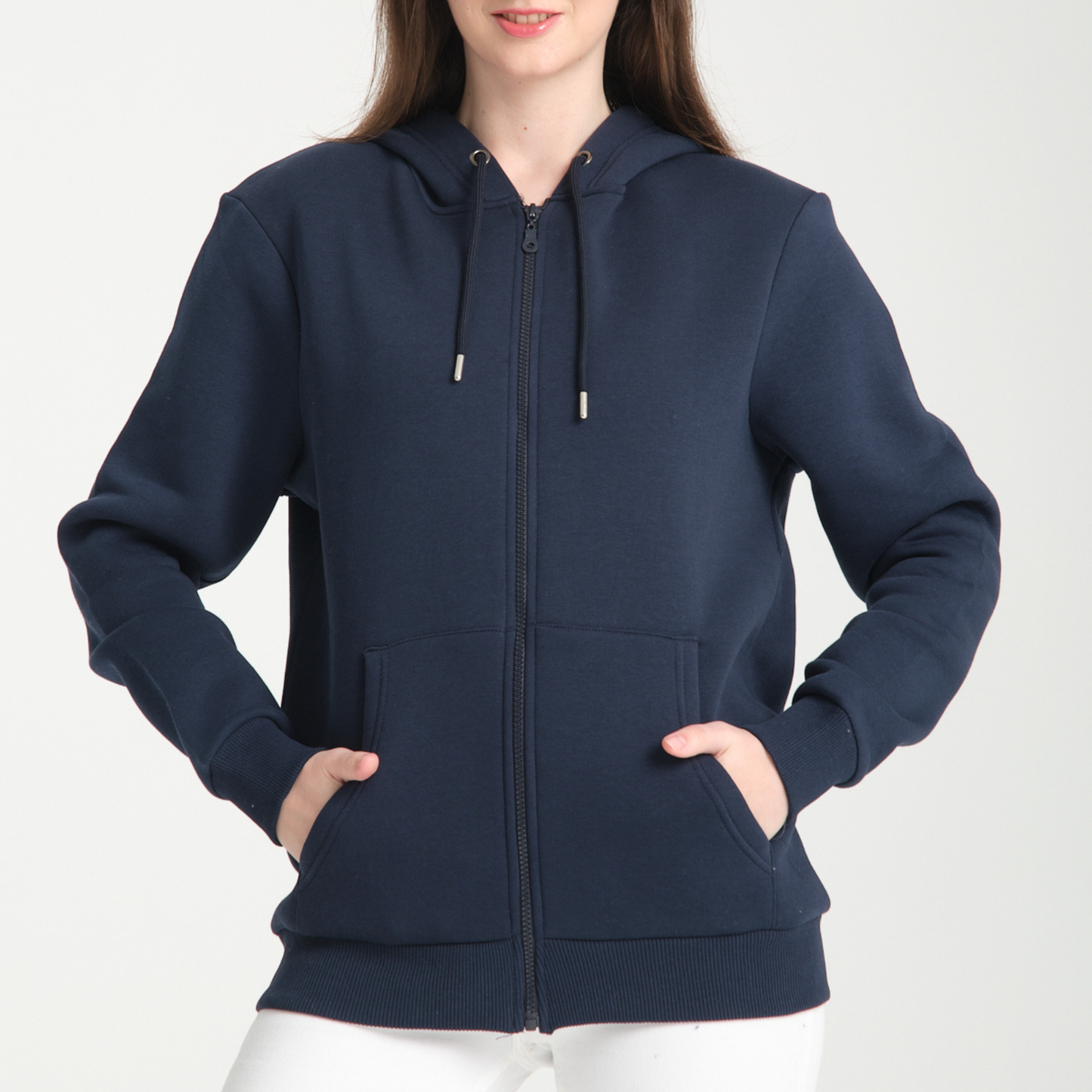 Felpa con Cappuccio e Cerniera Blu Navy - Interno Felpato - Felpa 40 Donna