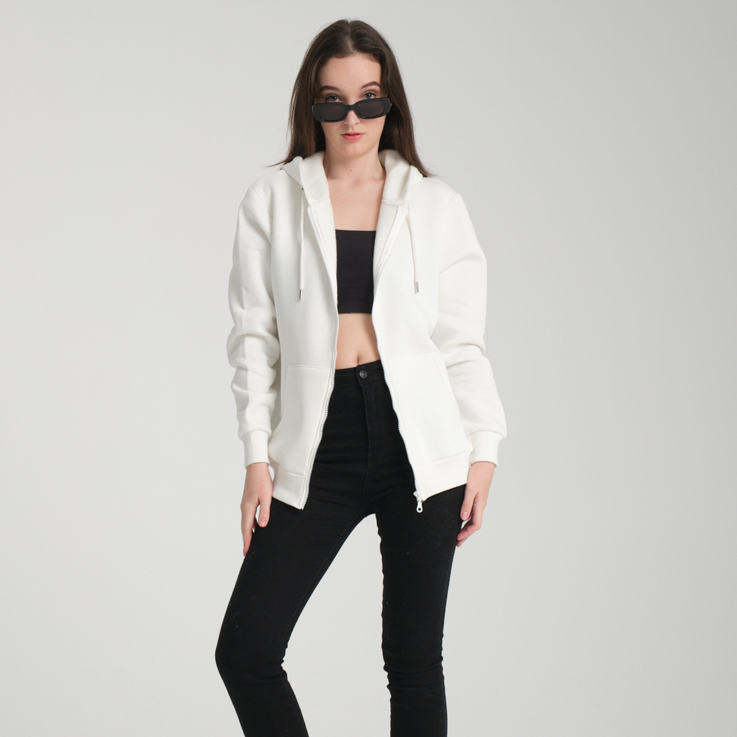 Felpa con Cappuccio e Cerniera White - Interno Felpato - Felpa 40 Donna