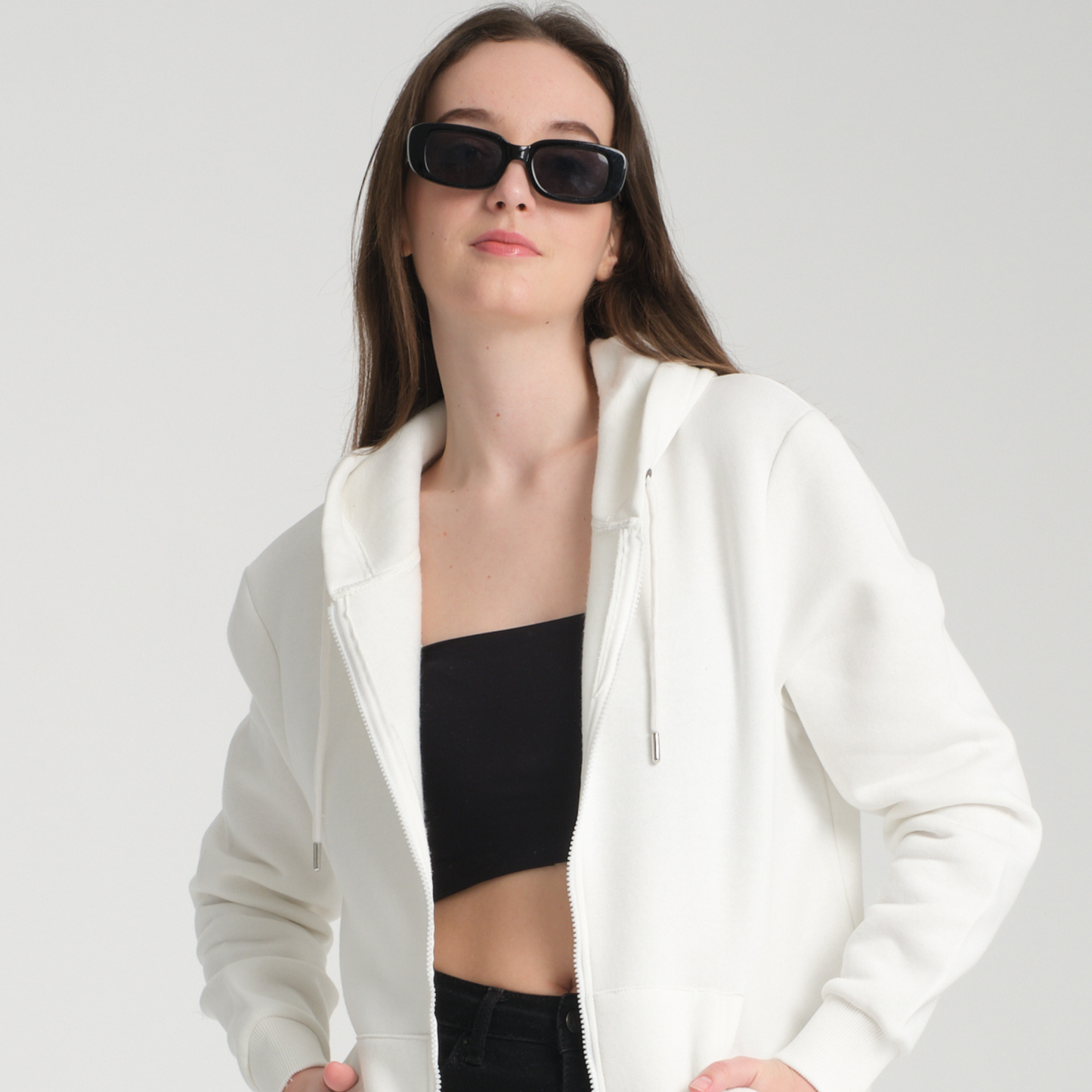 Felpa con Cappuccio e Cerniera White - Interno Felpato - Felpa 40 Donna