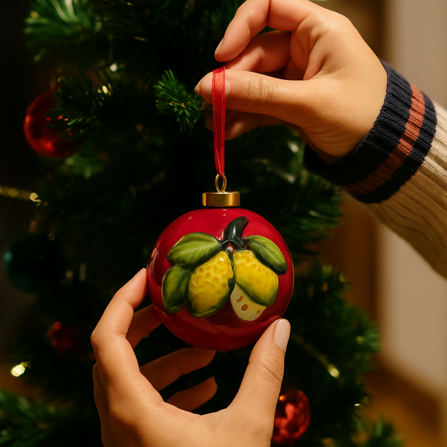 Pallina di Natale in Ceramica Rossa con Limoni 3D - 8,5 cm - SF140