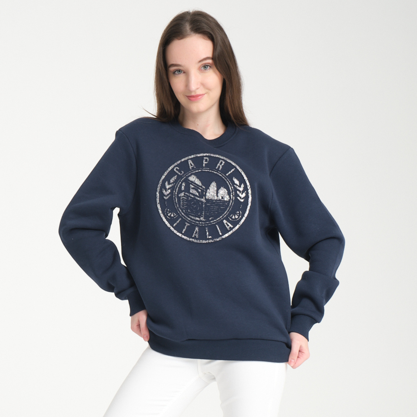 Felpa Girocollo Capri Blu Navy - Interno Felpato - Felpa 42 Donna