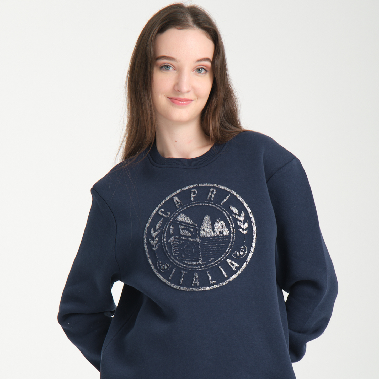 Felpa Girocollo Capri Blu Navy - Interno Felpato - Felpa 42 Donna