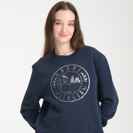 Felpa Girocollo Capri Blu Navy - Interno Felpato - Felpa 42 Donna