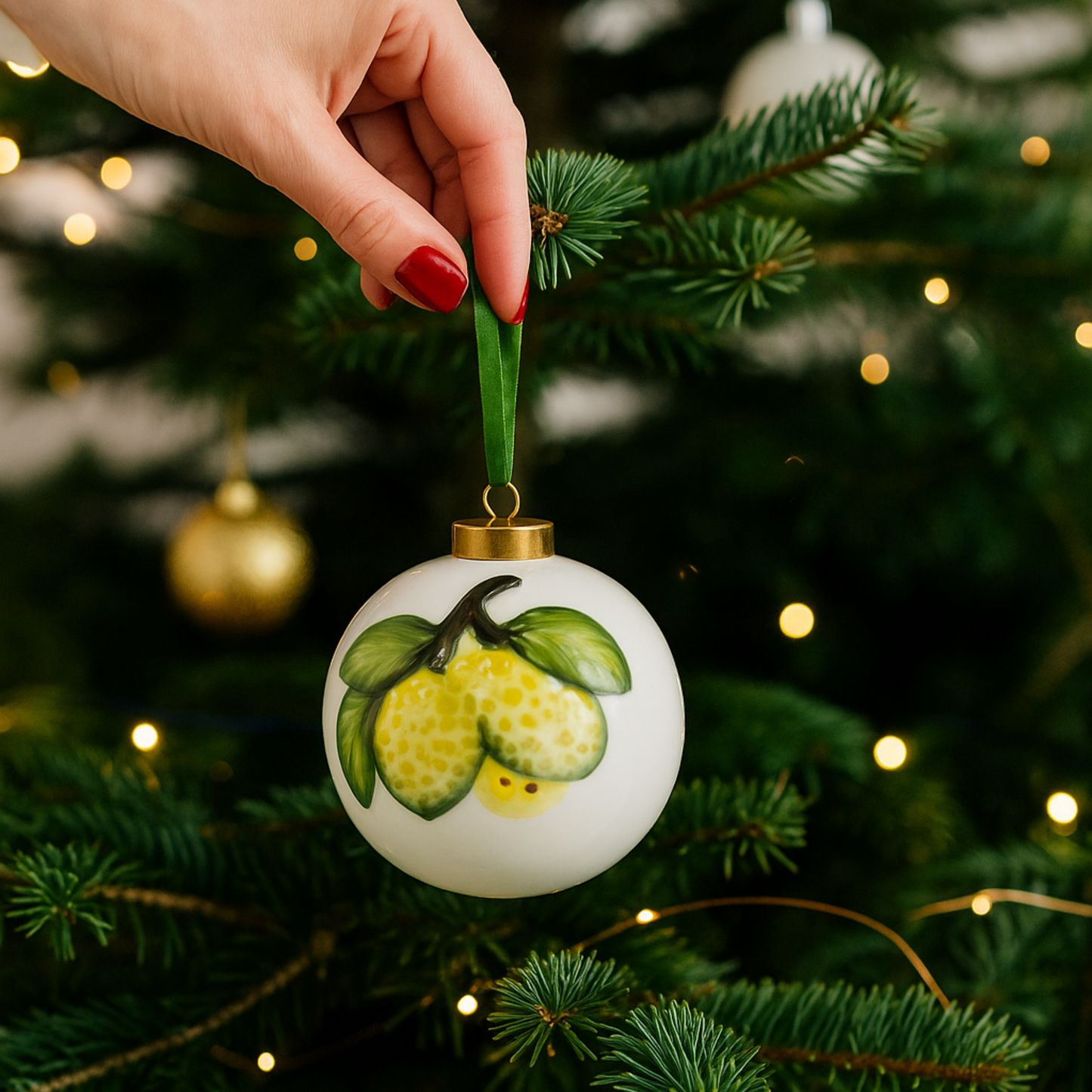 Pallina di Natale in Ceramica Bianca con Limoni 3D - 8,5 cm e 6cm - SF140