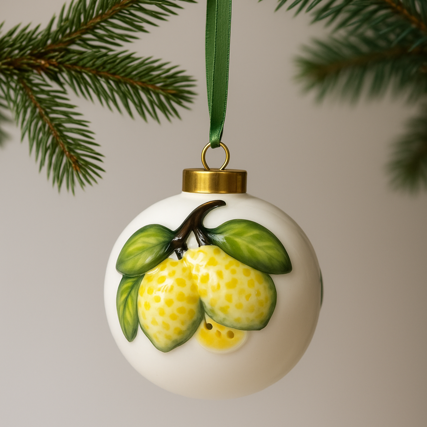 Pallina di Natale in Ceramica Bianca con Limoni 3D - 8,5 cm e 6cm - SF140