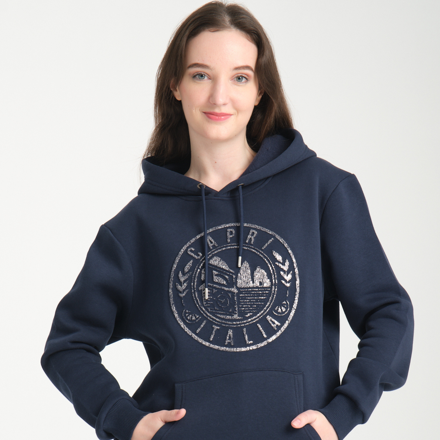 Felpa con Cappuccio Hoodie Capri Blu Navy - Interno Felpato - Felpa 43 Donna