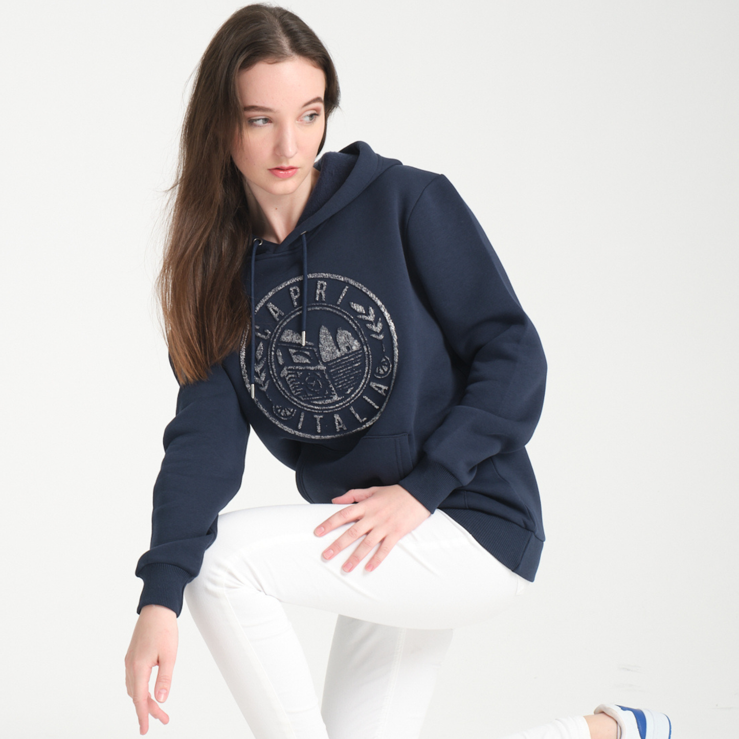 Felpa con Cappuccio Hoodie Capri Blu Navy - Interno Felpato - Felpa 43 Donna