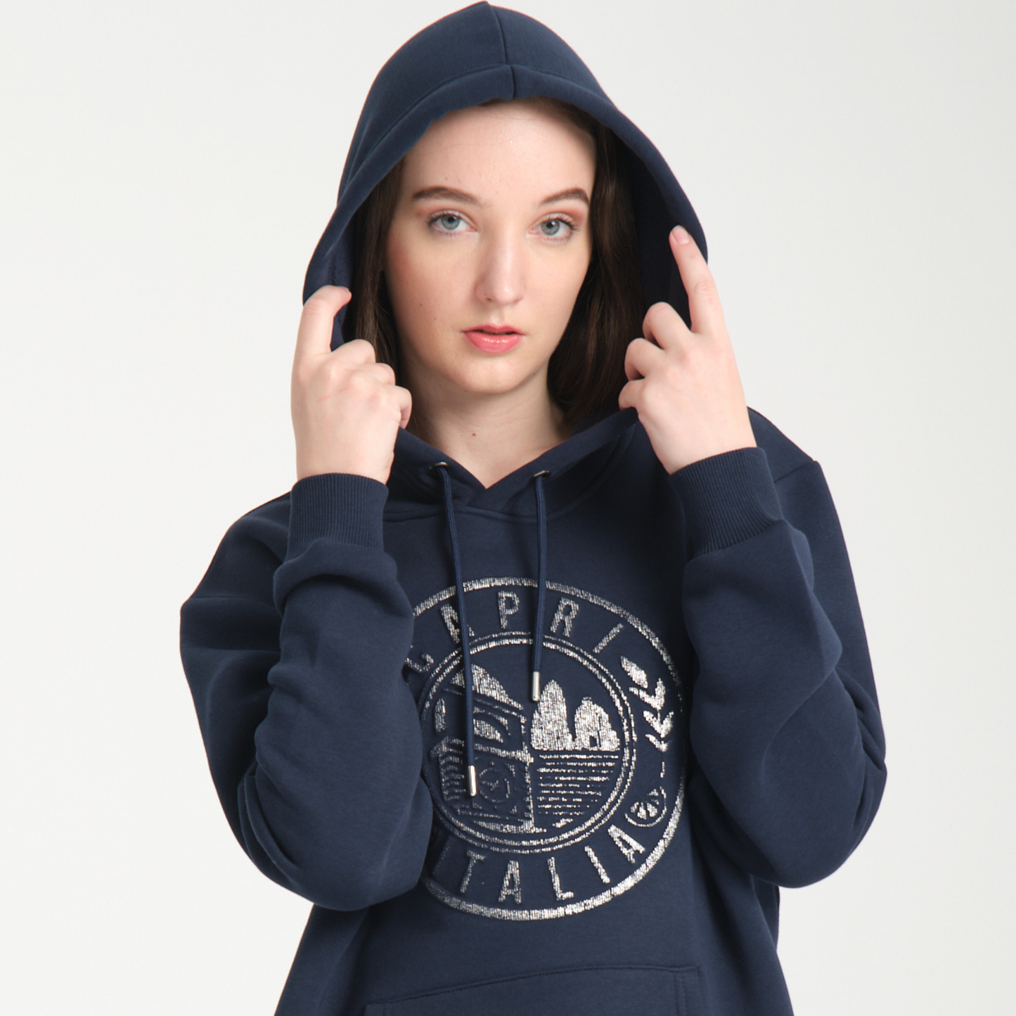 Felpa con Cappuccio Hoodie Capri Blu Navy - Interno Felpato - Felpa 43 Donna