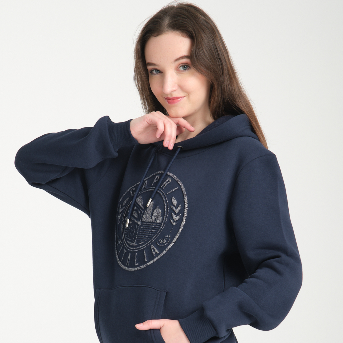 Felpa con Cappuccio Hoodie Capri Blu Navy - Interno Felpato - Felpa 43 Donna
