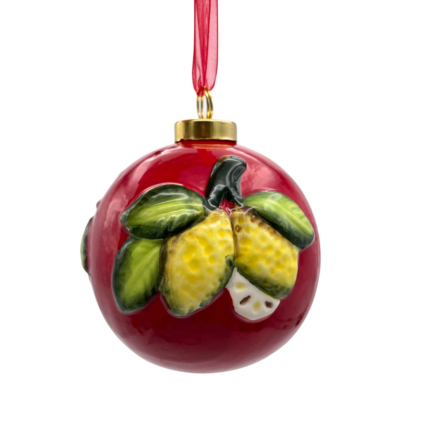 Pallina di Natale in Ceramica Rossa con Limoni 3D - 8,5 cm - SF140