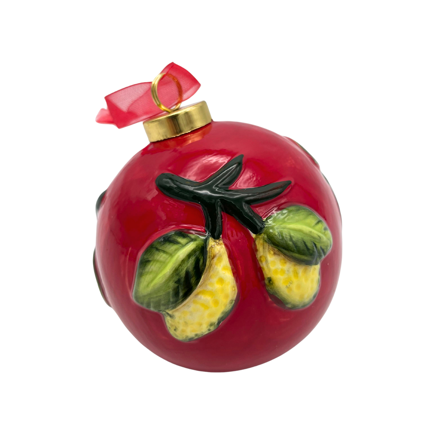 Pallina di Natale in Ceramica Rossa con Limoni 3D - 8,5 cm - SF140