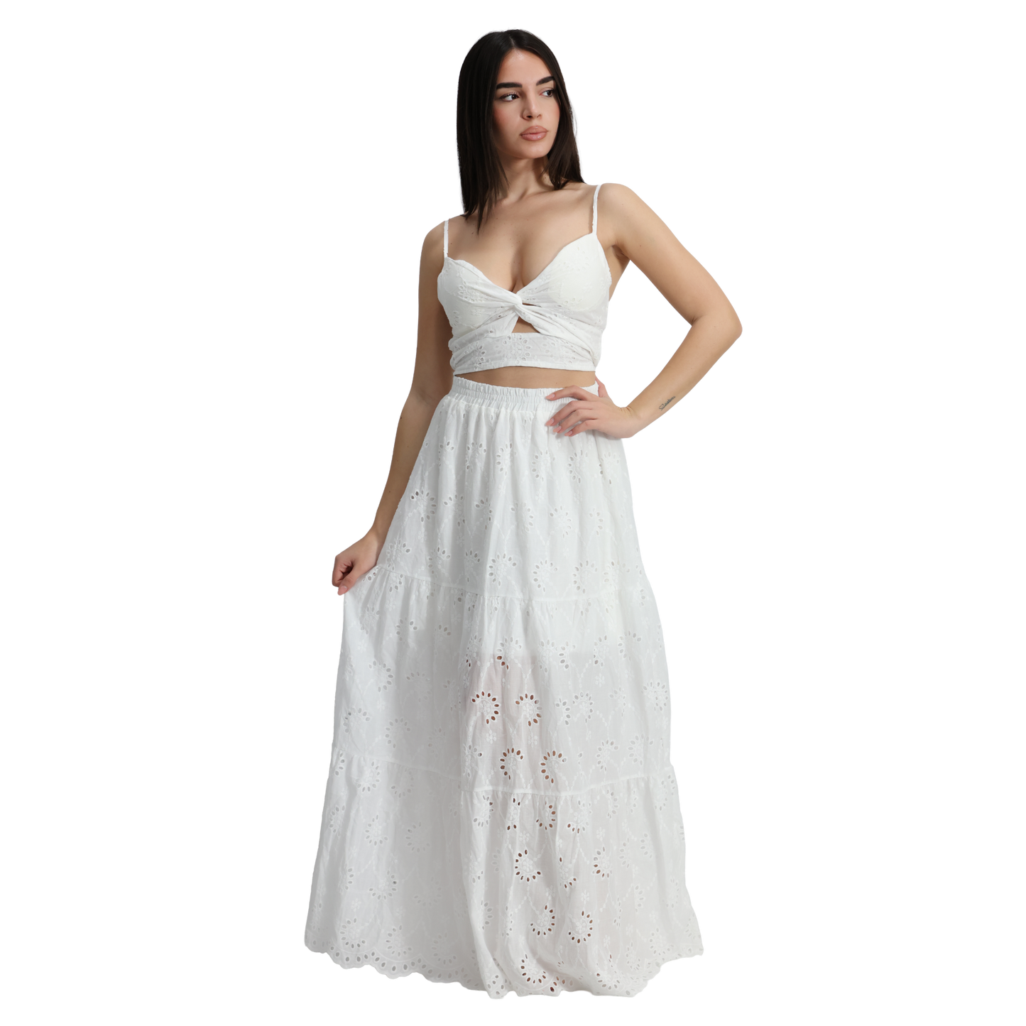 Outfit donna in Pizzo Sangallo top con nodo e gonna con balze - Gonna VEST 199 + Top VEST 200