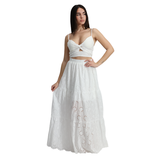 Outfit donna in Pizzo Sangallo top con nodo e gonna con balze - Gonna VEST 199 + Top VEST 200