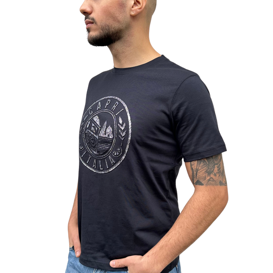 T-Shirt Uomo Capri Italia Logo Circolare - Stampa Puff in Rilievo + Serigrafia - 100% Cotone