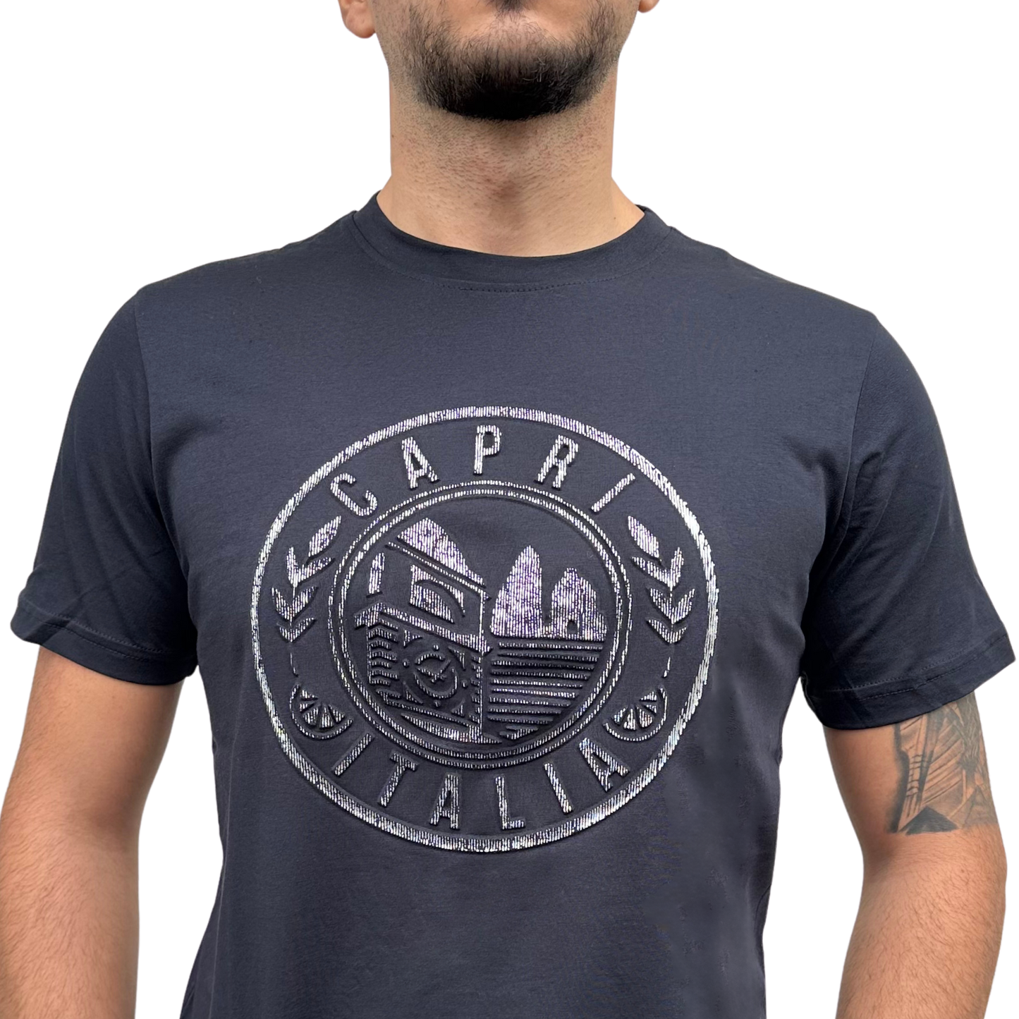 T-Shirt Uomo Capri Italia Logo Circolare - Stampa Puff in Rilievo + Serigrafia - 100% Cotone