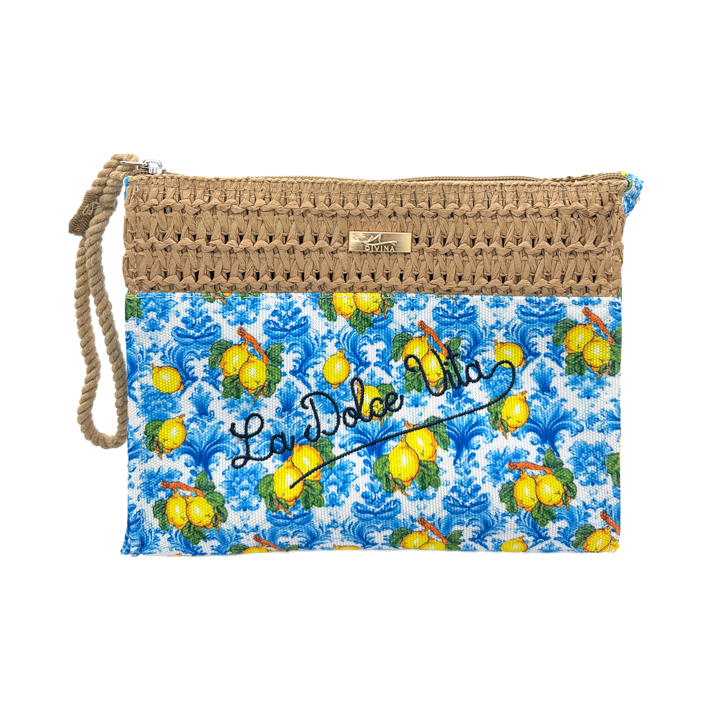Pochette bicolor La Dolce Vita in paglia e tessuto - 22x16x5 cm - BAG266
