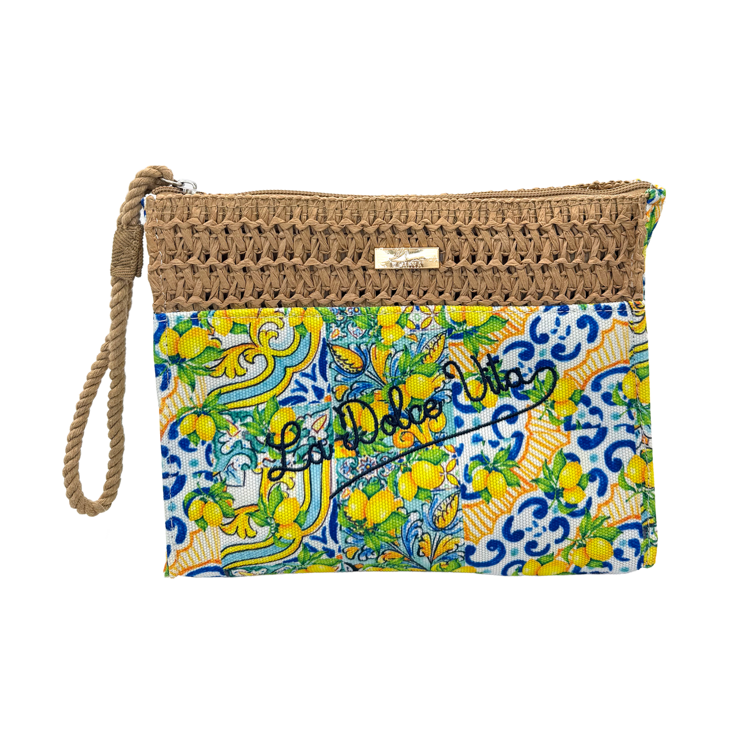 Pochette bicolor La Dolce Vita in paglia e tessuto - 22x16x5 cm - BAG266