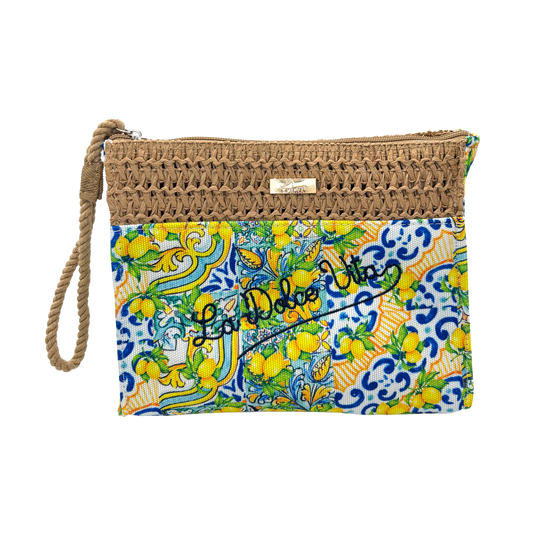 Pochette bicolor La Dolce Vita in paglia e tessuto - 22x16x5 cm - BAG266