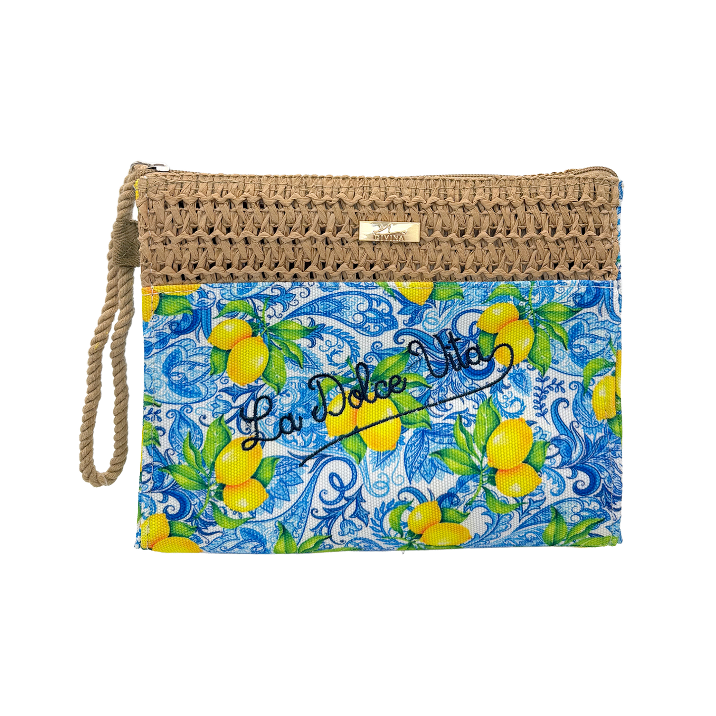 Pochette bicolor La Dolce Vita in paglia e tessuto - 22x16x5 cm - BAG266