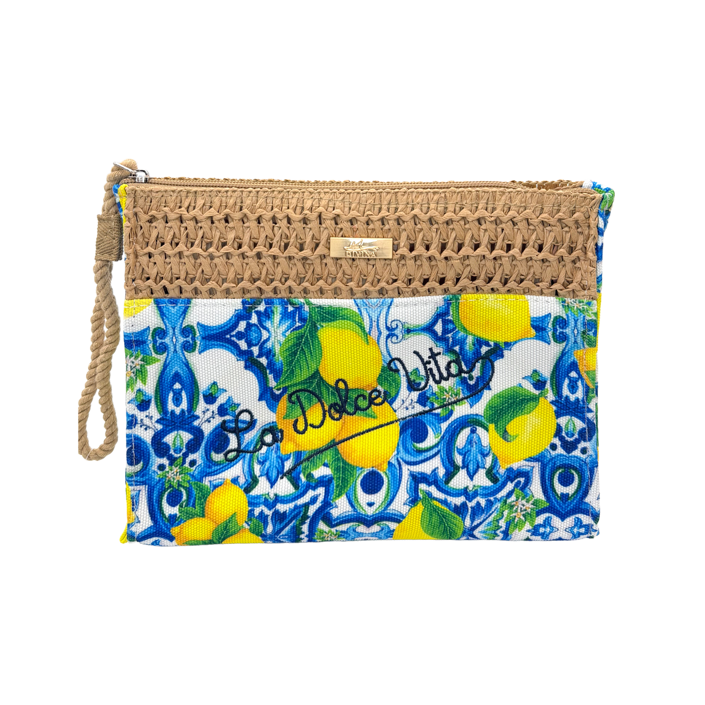 Pochette bicolor La Dolce Vita in paglia e tessuto - 22x16x5 cm - BAG266